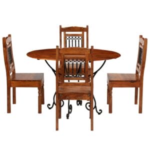 Jali Style Round Dining Table Set 5 Piece Solid Acacia Wood & Sheesham Finish