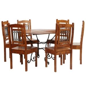Jali Style Round Dining Table Set 7 Piece Solid Acacia Wood & Sheesham Finish