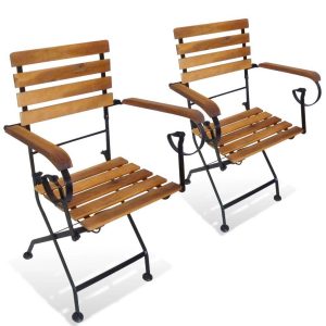 Set of 2 Folding Garden Chairs Steel & Solid Acacia Wood