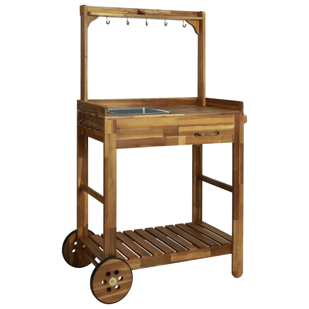 Garden Kitchen Trolley Solid Acacia Wood 92x43.5x141.5 cm