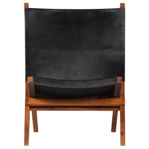 Black Real Leather Chair with Wooden Frame 59x72x79cm