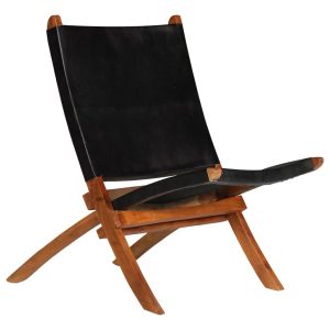 Black Real Leather Chair with Wooden Frame 59x72x79cm