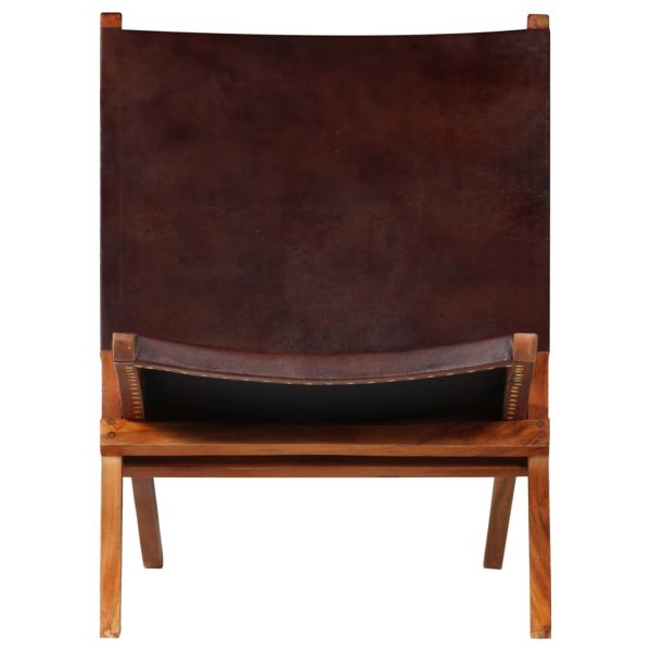 Deck Chair Real Leather 59x72x79cm Brown