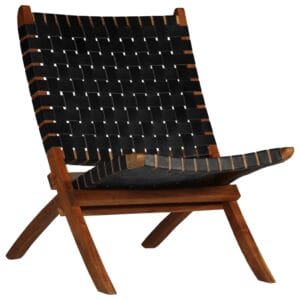 Relaxing Chair Real Leather 59x72x79 cm Crossed-Stripe Black