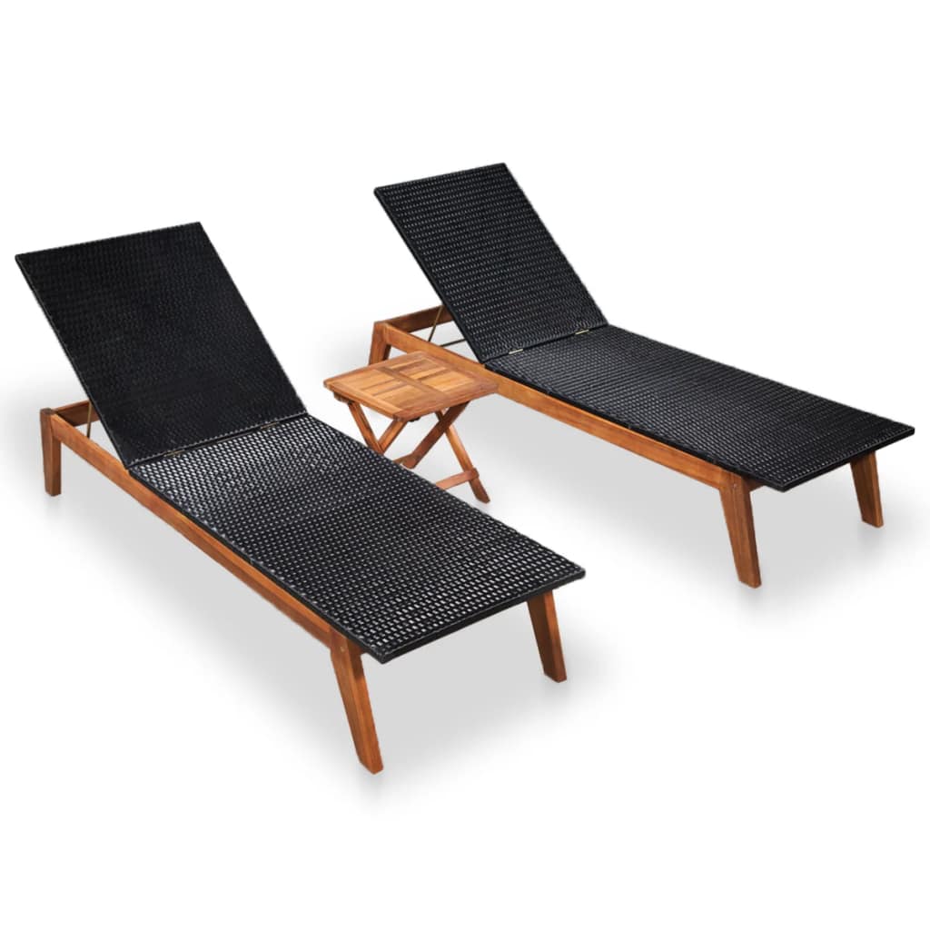 Sun Loungers 2 pcs with Table Poly Rattan and Solid Acacia Wood