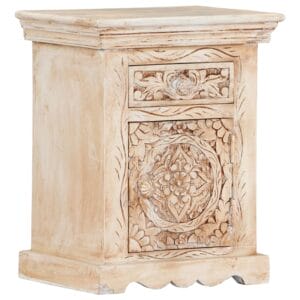White Carved Bedside Cabinet Mango Wood 40x30x50cm
