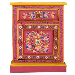 Bedside Cabinet Solid Mango Wood Pink Hand Painted