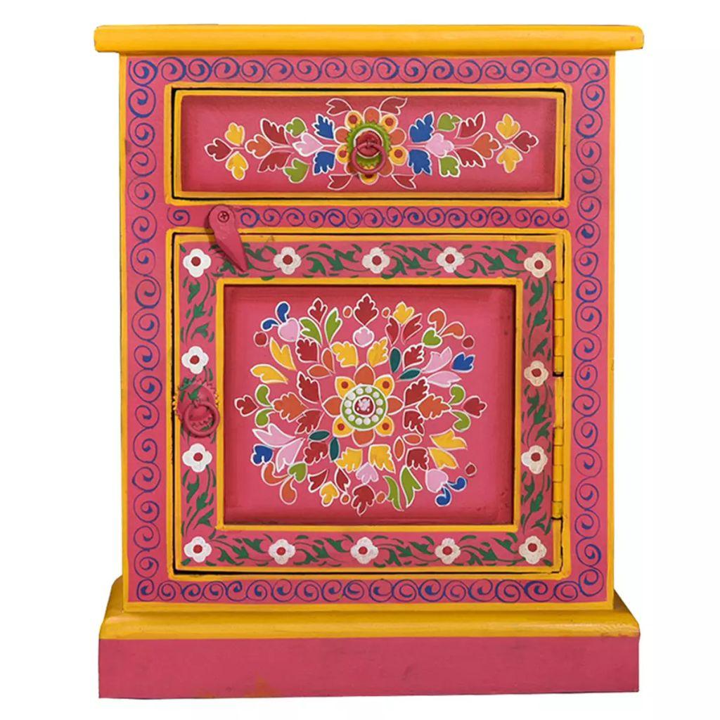 Bedside Cabinet Solid Mango Wood Pink Hand Painted