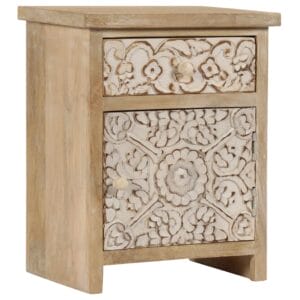 Floral Carved Bedside Table White Front Solid Wood 40cm