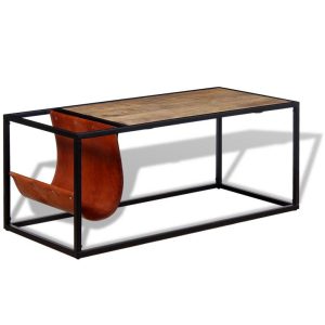 Coffee Table with Genuine Leather Magazine Holder 110x50x45cm