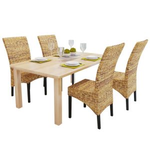 Set of 4 Abaca Brown Rattan Woven Dining Chairs