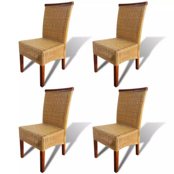 Set of 4 Handwoven Rattan Dining Chairs with Wooden Strip