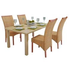 Set of 4 Handwoven Rattan Dining Chairs with Wooden Strip