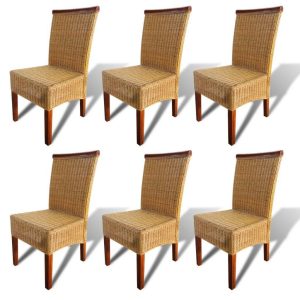 Set of 6 Handwoven Rattan Dining Chairs with Wooden Strip