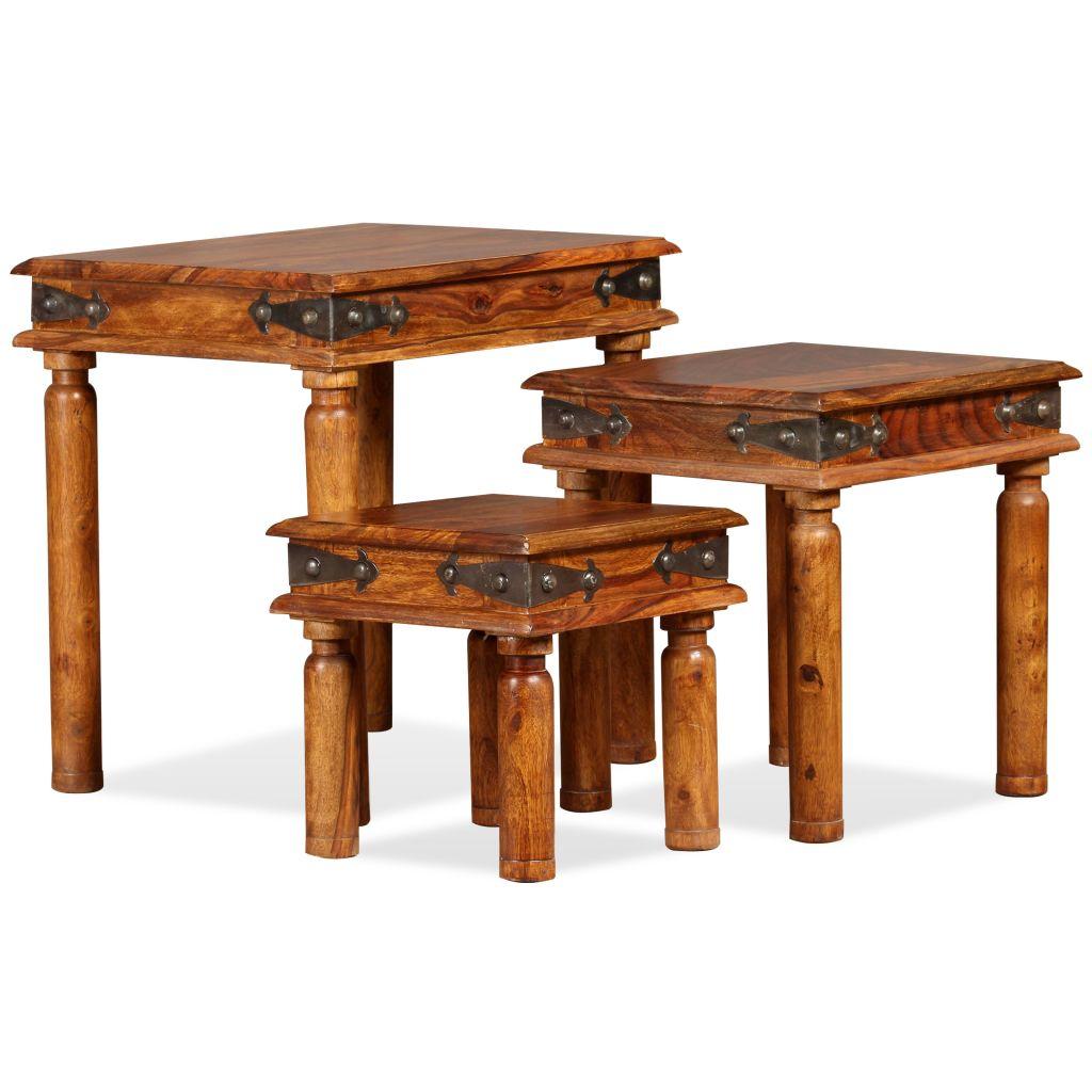 Nesting Table Set 3 Pieces Solid Sheesham Wood Brown