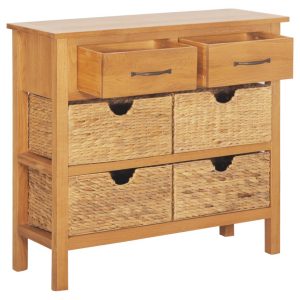 Sideboard 90X33.5X83 Cm Solid Oak Wood And Water Hyacinth