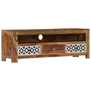 Sheesham TV Unit Black and White Diamond Pattern Drawers Solid Wood 120cm