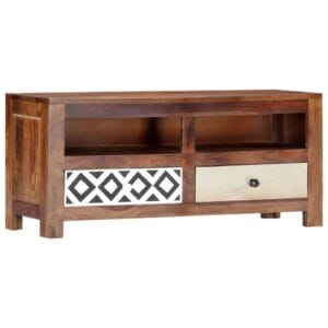Small Sheesham TV Unit Black and White Diamond Drawers Solid Wood 90cm
