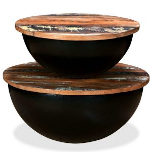 Coffee Table Set 2 Pieces Solid Reclaimed Wood Black Bowl Shape