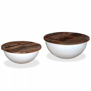 Coffee Table Set 2 Pieces Solid Reclaimed Wood White Bowl Shape