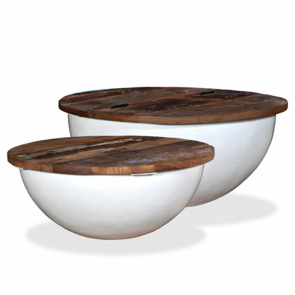Coffee Table Set 2 Pieces Solid Reclaimed Wood White Bowl Shape