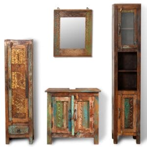 Reclaimed Solid Wood Vanity Cabinet Set with Mirror & 2 Side Cabinets
