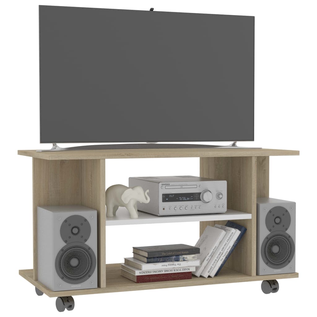 TV Cabinet with Castors White and Sonoma Oak 80x40x40 cm Chipboard