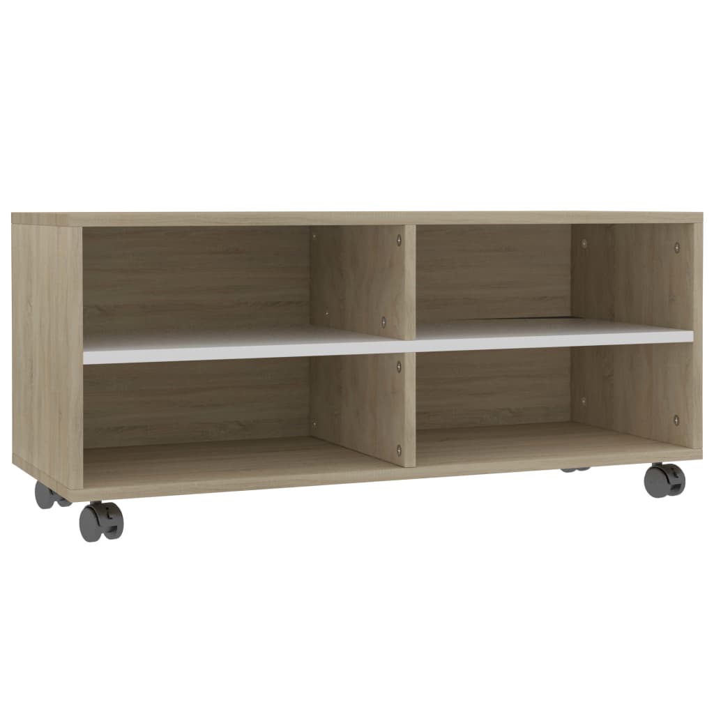 TV Cabinet with Castors White and Sonoma Oak 90x35x35 cm Chipboard