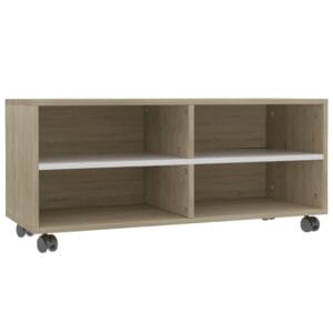 TV Cabinet with Castors White and Sonoma Oak 90x35x35 cm Chipboard