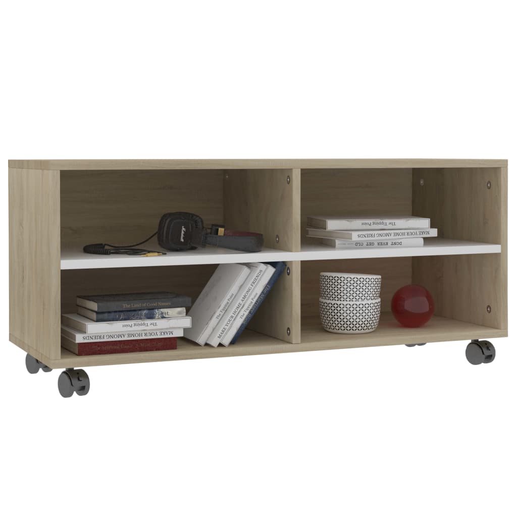 TV Cabinet with Castors White and Sonoma Oak 90x35x35 cm Chipboard