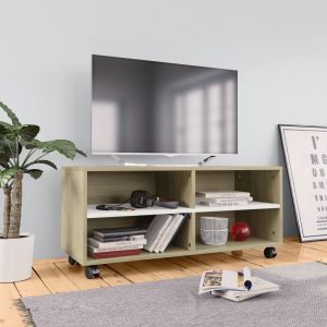 TV Unit with Castors White and Sonoma Oak 90cm Chipboard