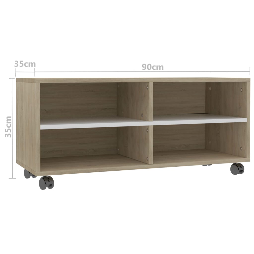 TV Cabinet with Castors White and Sonoma Oak 90x35x35 cm Chipboard