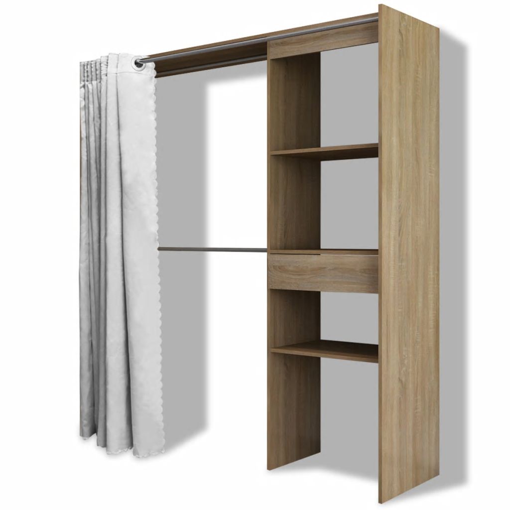 Clothes Cabinet with Curtain Adjustable in Width 121-168 cm Oak