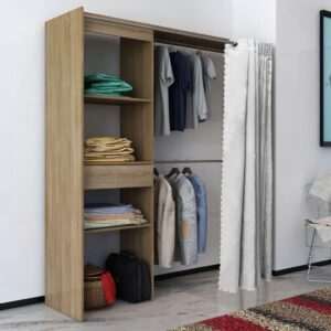 Clothes Cabinet with Curtain Adjustable in Width 121-168 cm Oak
