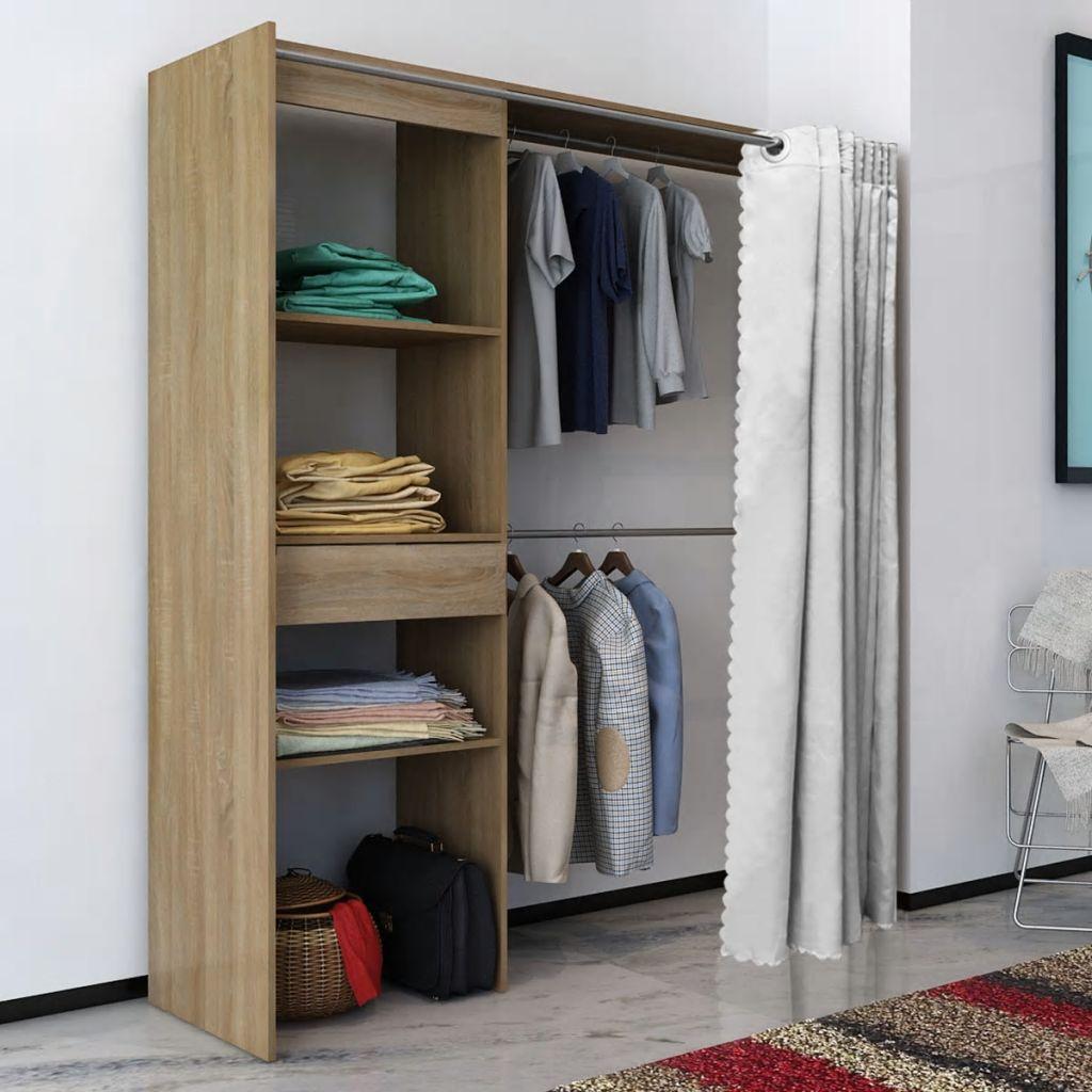 Clothes Cabinet with Curtain Adjustable in Width 121-168 cm Oak