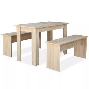 Dining Table And Benches 3 Pieces Chipboard Oak