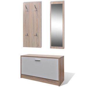 Oak and White Wooden Shoe Cabinet Set 3-in-1
