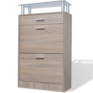 Shoe Cabinet with a Drawer and a Top Glass Shelf Wood Oak Look