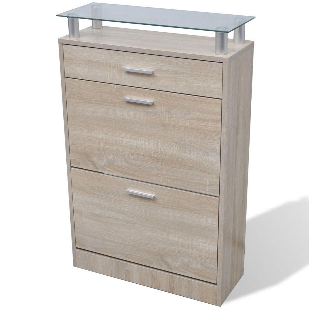 Shoe Cabinet with a Drawer and a Top Glass Shelf Wood Oak Look
