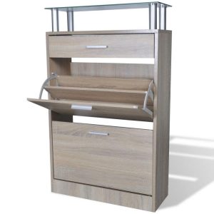 Shoe Cabinet with a Drawer and a Top Glass Shelf Wood Oak Look