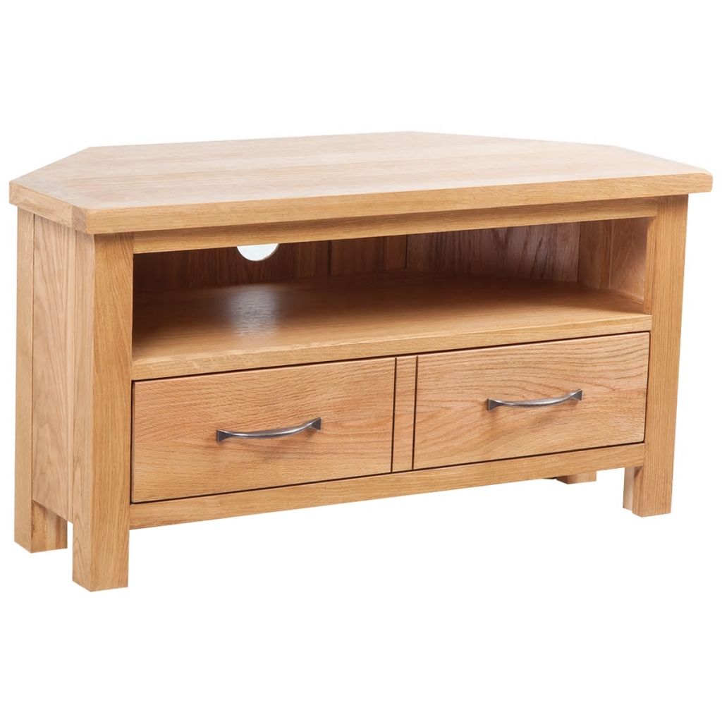 Oak Corner TV Unit 2 Drawers Solid Wood 88cm