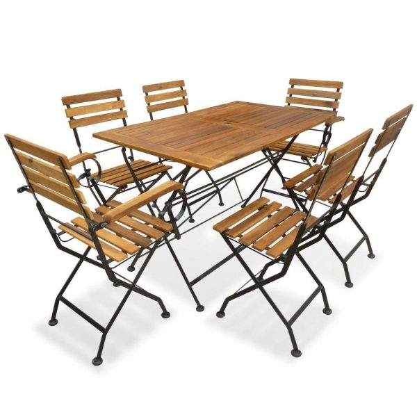 6 Seat Folding Garden Dining Set Solid Acacia Wood &Amp; Metal