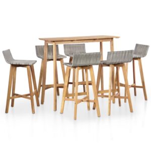7 Piece Outdoor Dining Set Light Grey Rattan Seat Stools Solid Acacia Wood