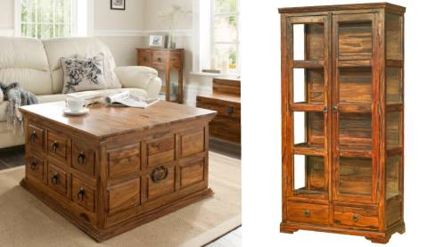 Ganga Sheesham Wood Box Coffee Table & Glass Display Cabinet