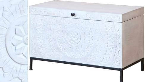 Hand Painted Whitewashed Floral Carved Blanket Box