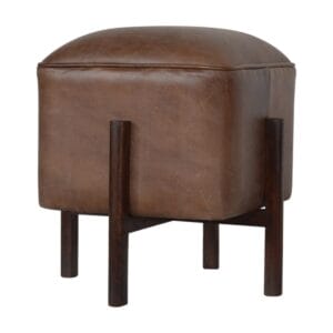 IN1153 - Brown Leather Footstool with Solid Wood Legs-