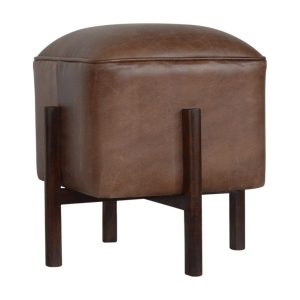 IN1153 - Brown Leather Footstool with Solid Wood Legs-IN1153
