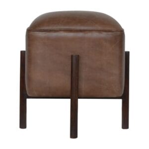 IN1153 - Brown Leather Footstool with Solid Wood Legs-IN1153-
