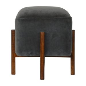 IN1220 - Grey Velvet Footstool with Solid Wood Legs-