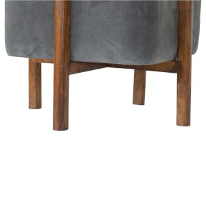 Grey Velvet Footstool with Solid Wood Legs